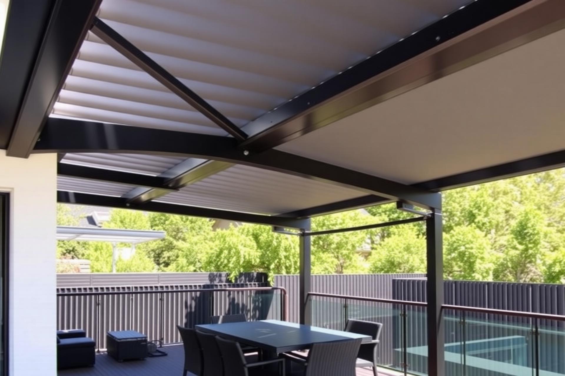 Bioclimatic aluminium pergola with motorized rotating blades in a modern Australian outdoor setting